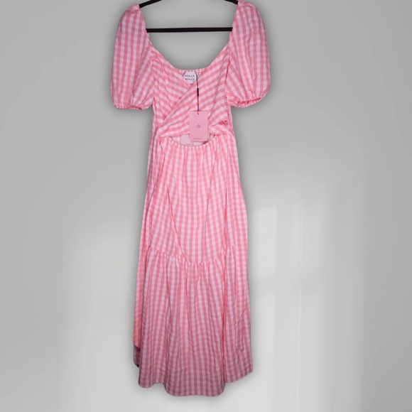 Hello Molly Dresses & Skirts - Hello Molly Womens Small Pink Check Plaid Tie Midi Dress Shirred Stretch NEW